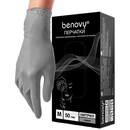 Benovy, Перчатки нитриловые TrueColor, серые, размер M, 100 
