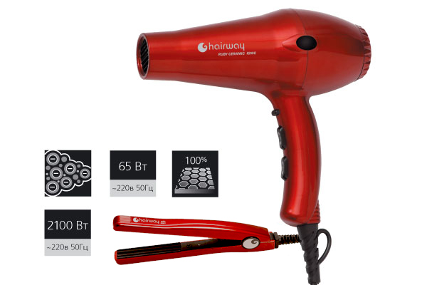 HAIRWAY Фен Ruby Ceramic 2100 W + Щипцы гофре мини Ruby Wavy